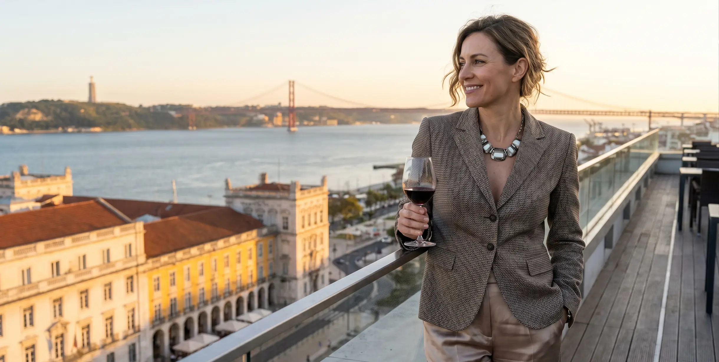 Cliente em terraço com vista para Lisboa